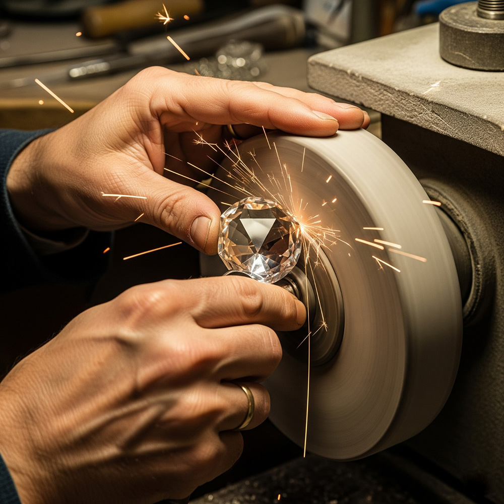 Artisan hand-cutting a crystal component